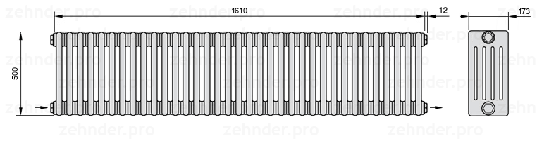 Схема (чертеж) Радиатор Zehnder Charleston 5050/35 №2670 Белый глянцевый RAL 9016